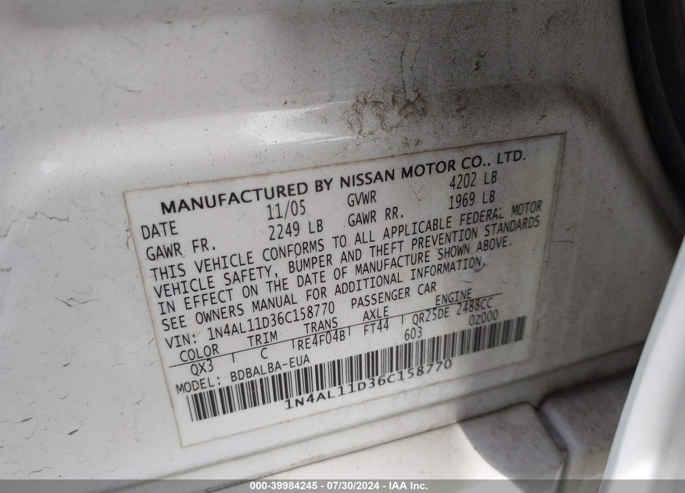 2006 NISSAN ALTIMA 2.5 S VIN: 1N4AL11D36C158770