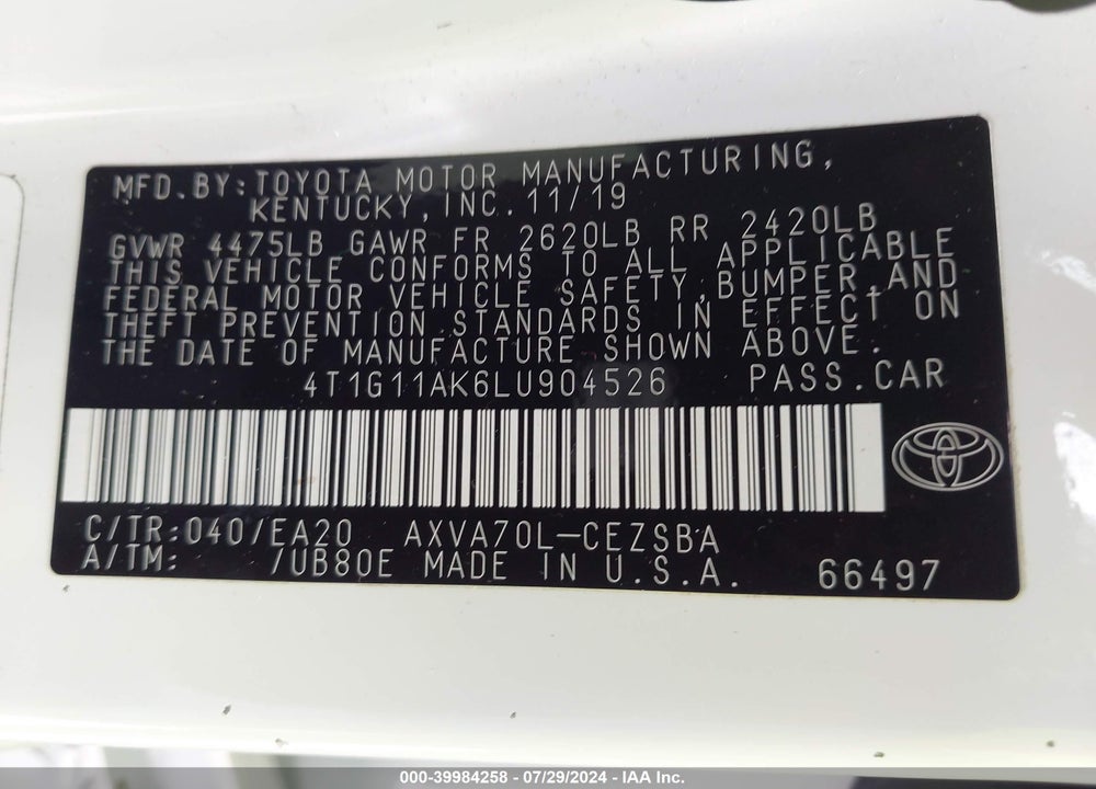2020 TOYOTA CAMRY SE VIN: 4T1G11AK6LU904526