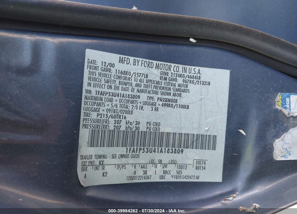 2001 FORD TAURUS SE VIN: 1FAFP53U41A183809