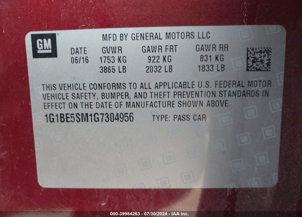 2016 CHEVROLET CRUZE LT AUTO VIN: 1G1BE5SM1G7304956
