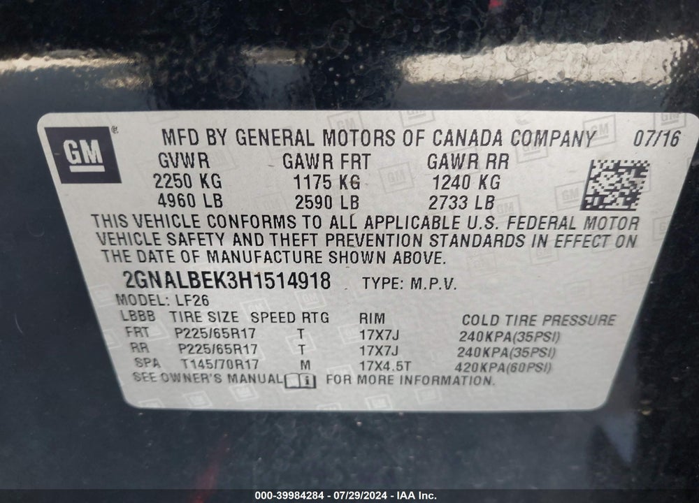 2017 CHEVROLET EQUINOX LS VIN: 2GNALBEK3H1514918