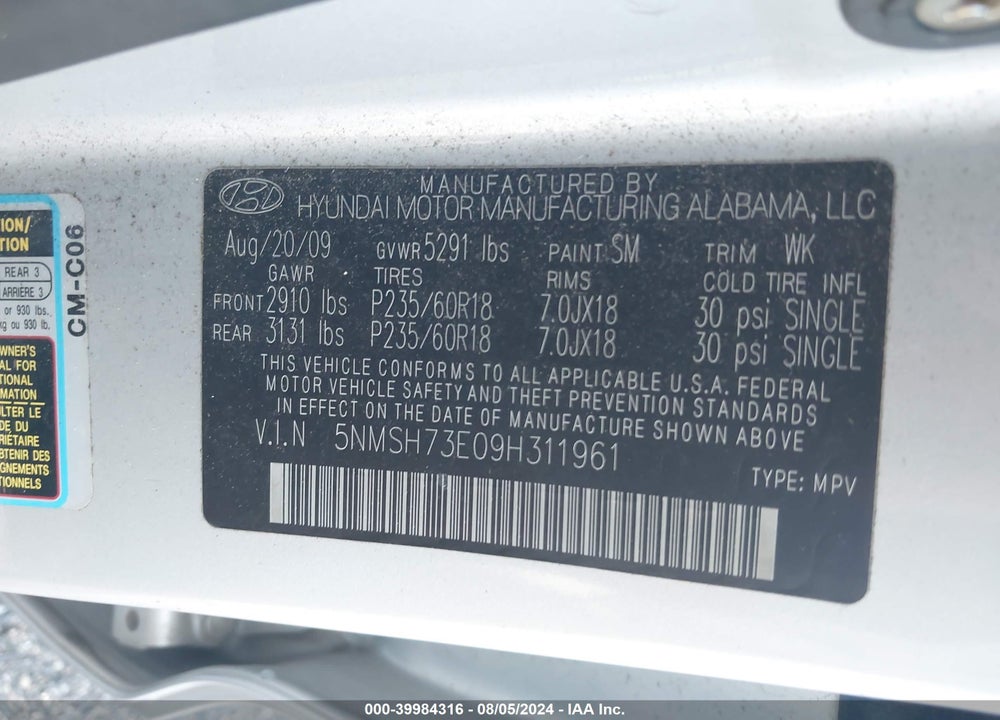 2009 HYUNDAI SANTA FE LIMITED VIN: 5NMSH73E09H311961