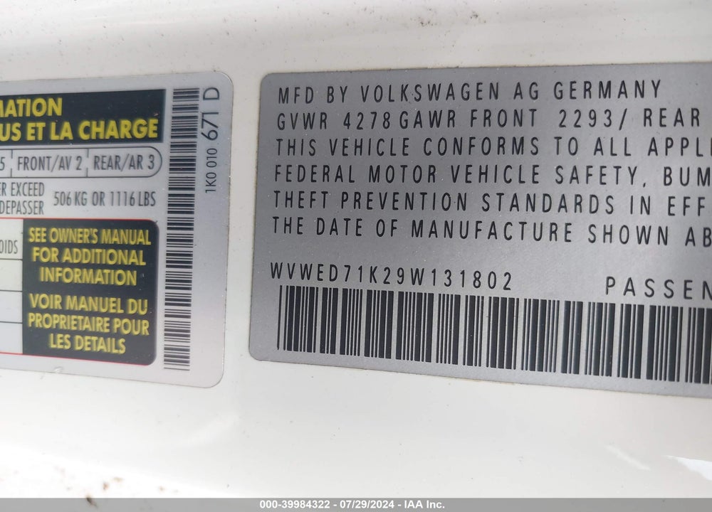 2009 VOLKSWAGEN GTI 2-DOOR VIN: WVWED71K29W131802
