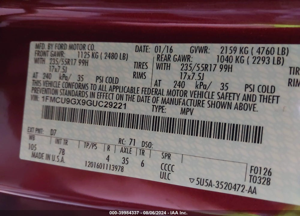 2016 FORD ESCAPE SE VIN: 1FMCU9GX9GUC29221