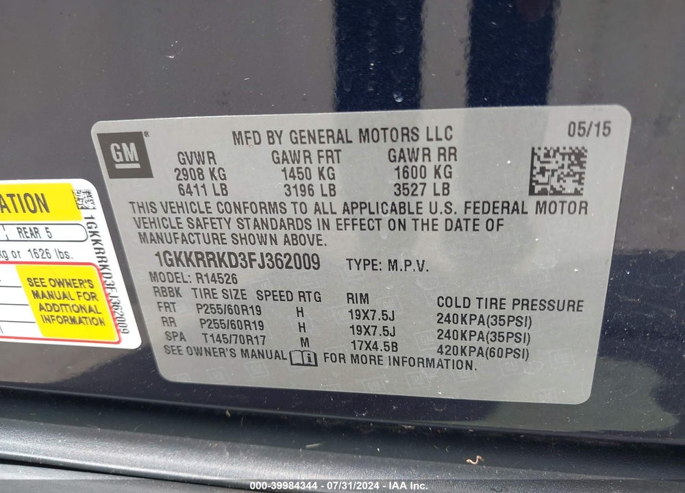 2015 GMC ACADIA SLT-1 VIN: 1GKKRRKD3FJ362009
