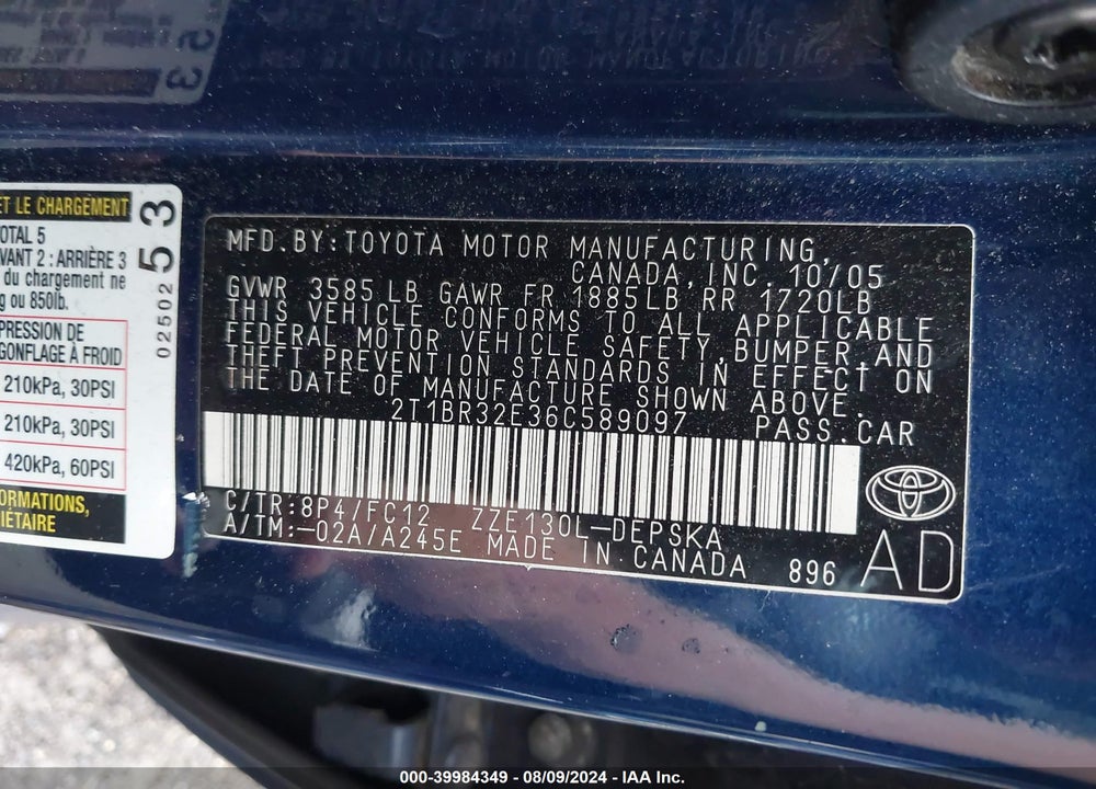 2006 TOYOTA COROLLA S VIN: 2T1BR32E36C589097