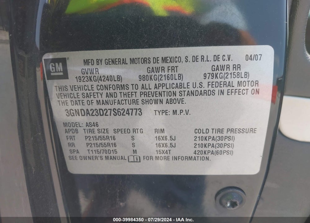 2007 CHEVROLET HHR LT VIN: 3GNDA23D27S624773