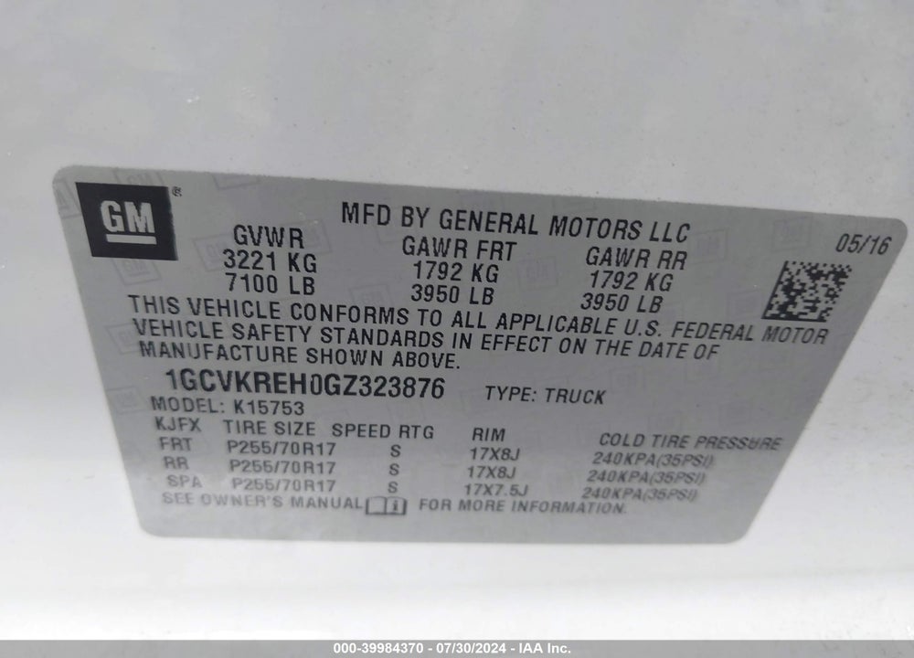 2016 CHEVROLET SILVERADO 1500 1LT VIN: 1GCVKREH0GZ323876
