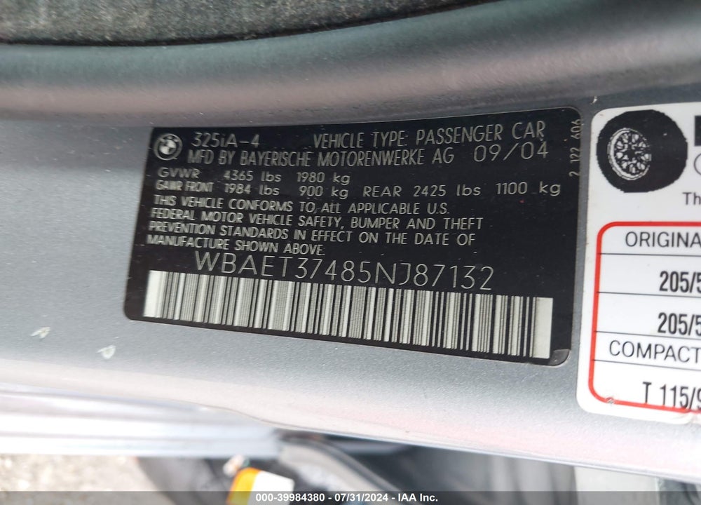 2005 BMW 325I VIN: WBAET37485NJ87132
