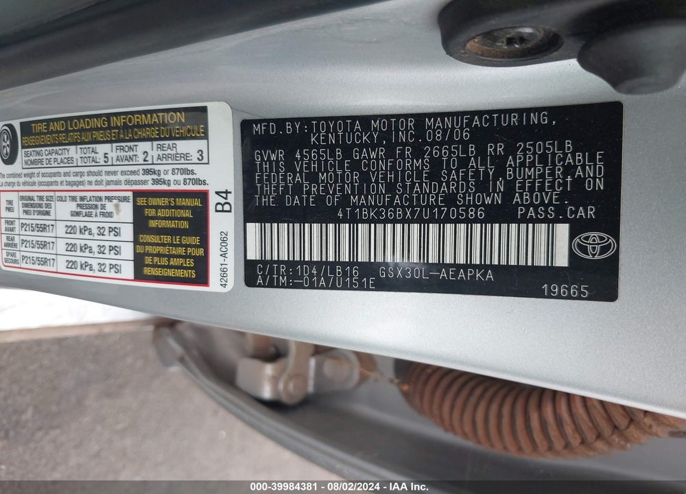2007 TOYOTA AVALON LIMITED VIN: 4T1BK36BX7U170586