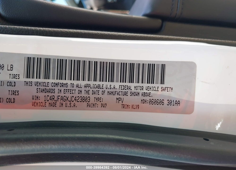 2018 JEEP GRAND CHEROKEE VIN: 1C4RJFAGXJC423803