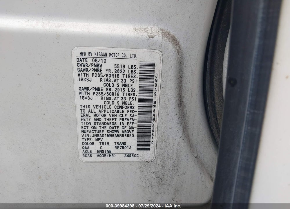2010 INFINITI FX35 VIN: JN8AS1MW6AM856680