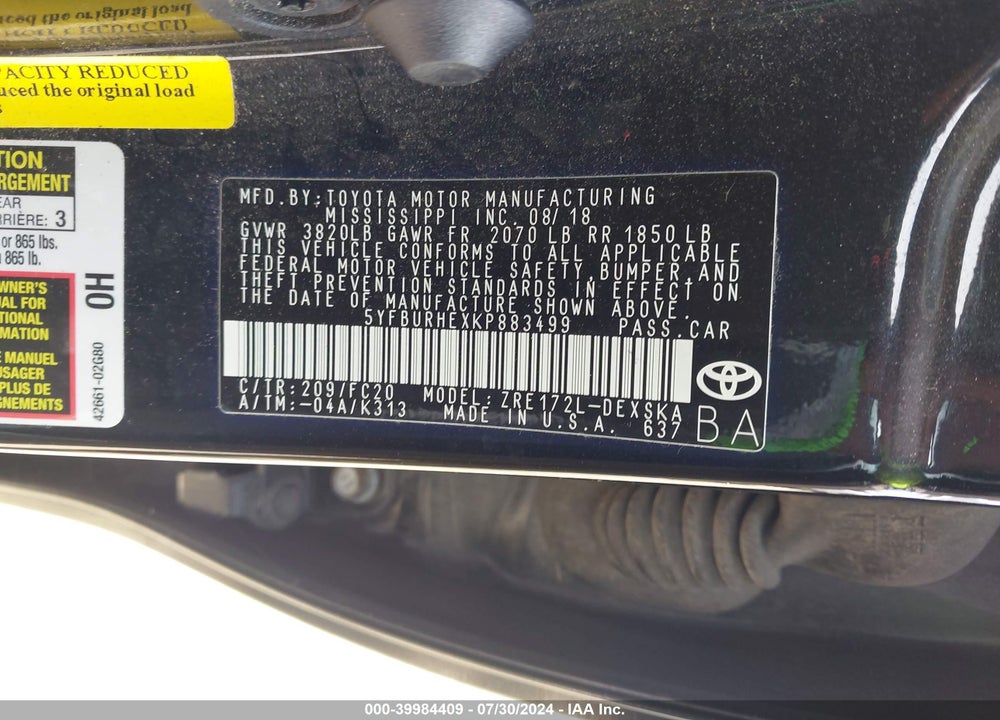 2019 TOYOTA COROLLA L/LE/SE/XLE/XSE VIN: 5YFBURHEXKP883499