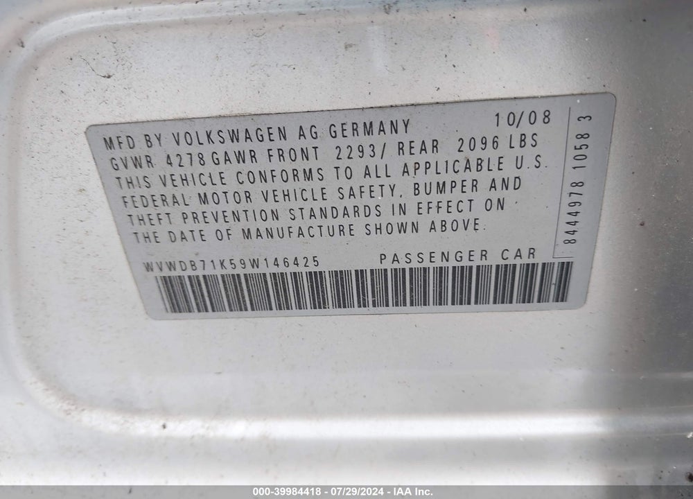 2009 VOLKSWAGEN RABBIT S VIN: WVWDB71K59W146425
