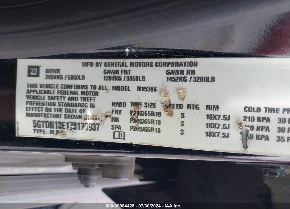 2007 HUMMER H3 SUV VIN: 5GTDN13E178170937