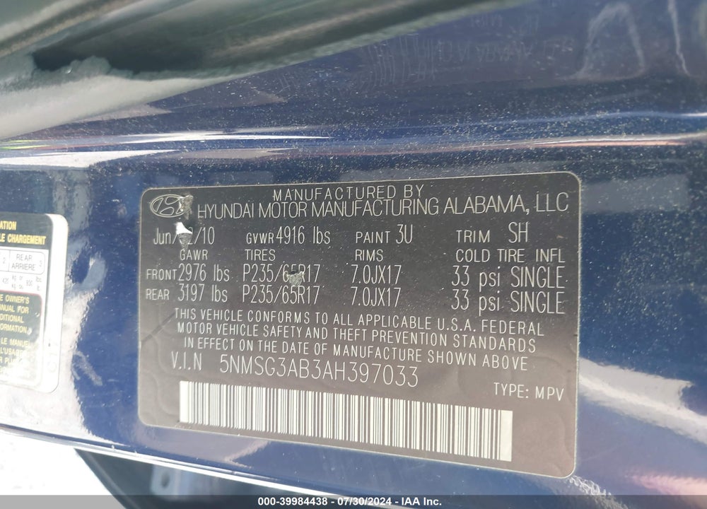 2010 HYUNDAI SANTA FE GLS VIN: 5NMSG3AB3AH397033
