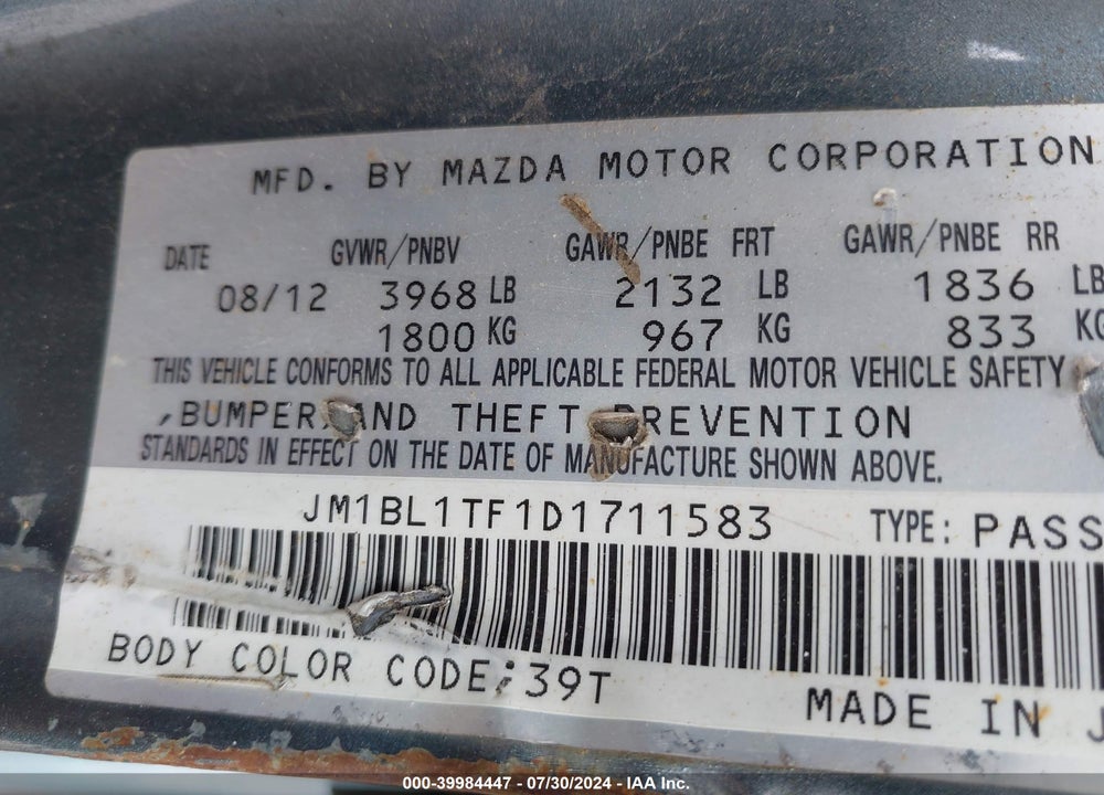 2013 MAZDA 3 I SV VIN: JM1BL1TF1D1711583