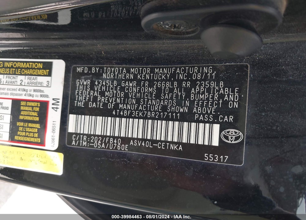 2011 TOYOTA CAMRY VIN: 4T4BF3EK7BR217111