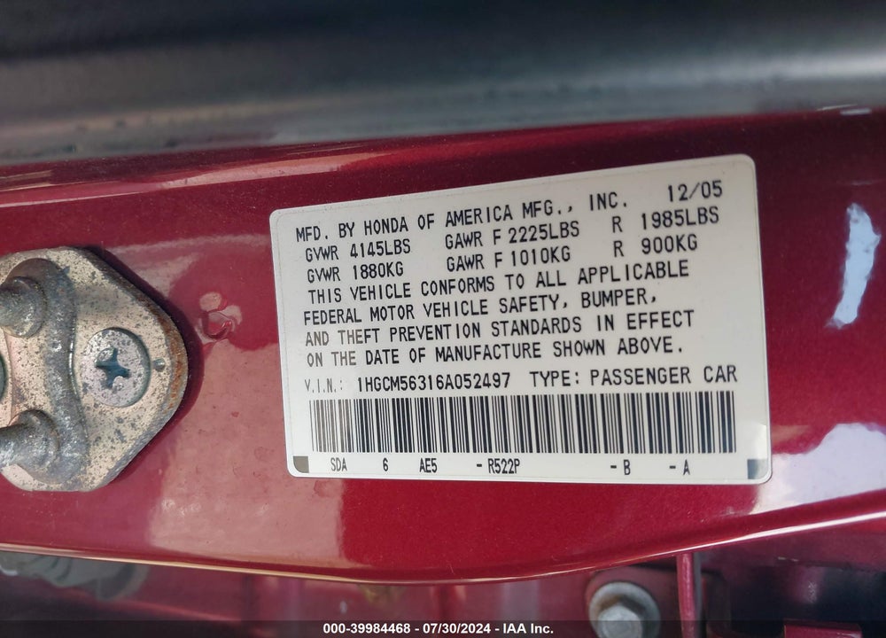 2006 HONDA ACCORD 2.4 SE VIN: 1HGCM56316A052497