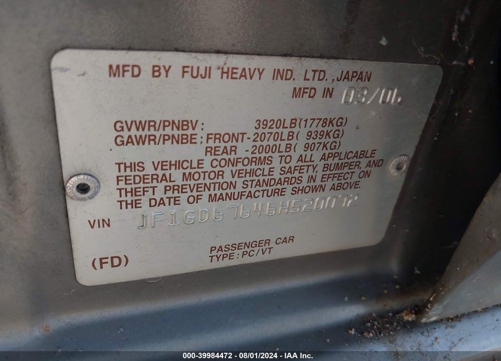2006 SUBARU IMPREZA 2.5I VIN: JF1GD67646H520072