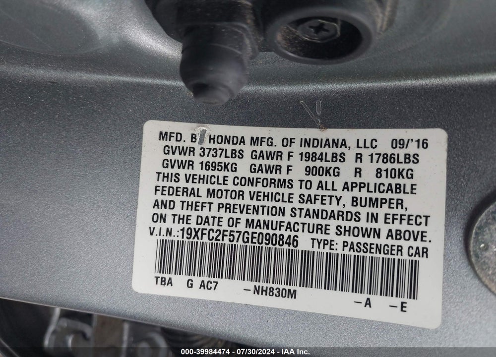 2016 HONDA CIVIC LX VIN: 19XFC2F57GE090846