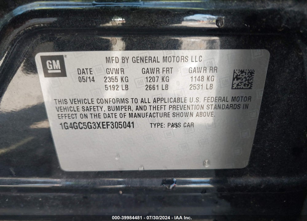 2014 BUICK LACROSSE LEATHER GROUP VIN: 1G4GC5G3XEF305041