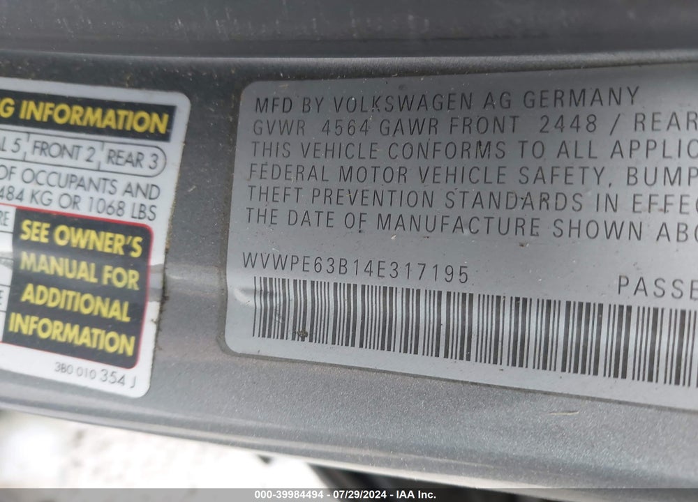 2004 VOLKSWAGEN PASSAT GLS TDI VIN: WVWPE63B14E317195