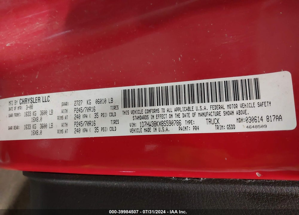 2008 DODGE DAKOTA SXT/BIGHORN/LONESTAR VIN: 1D7HW38KX8S590786