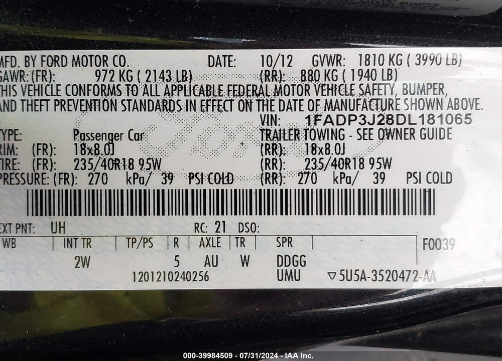 2013 FORD FOCUS TITANIUM VIN: 1FADP3J28DL181065
