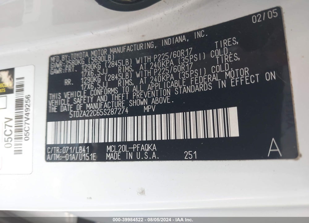 2005 TOYOTA SIENNA XLE LIMITED VIN: 5TDZA22C65S287274