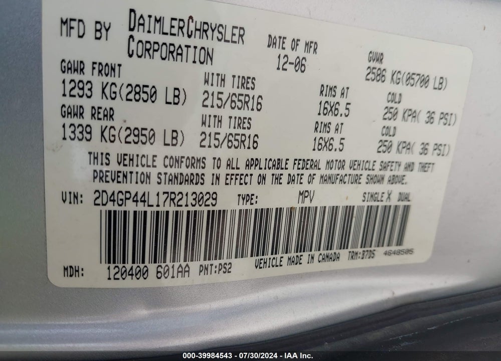 2007 DODGE GRAND CARAVAN SXT VIN: 2D4GP44L17R213029