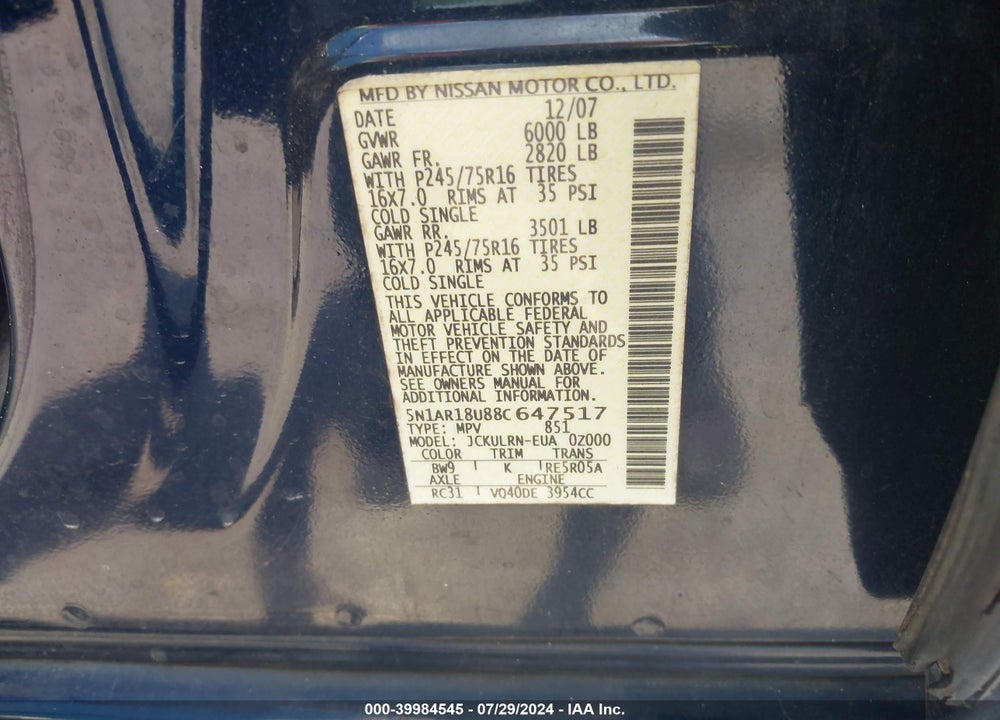 2008 NISSAN PATHFINDER S VIN: 5N1AR18U88C647517