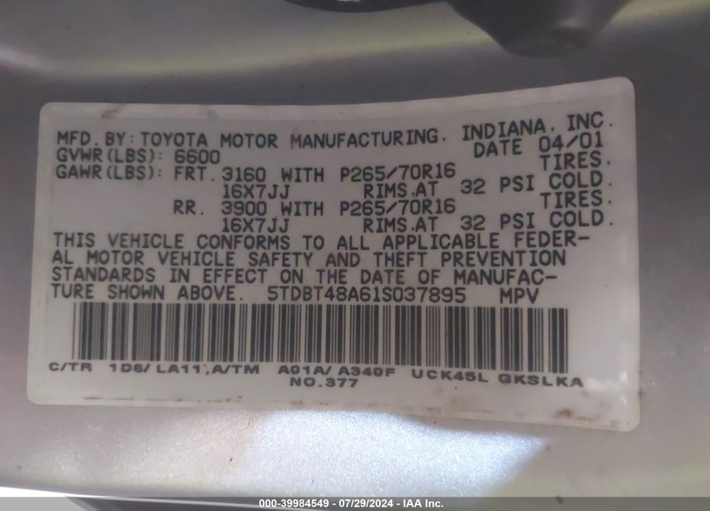 2001 TOYOTA SEQUOIA LIMITED V8 VIN: 5TDBT48A61S037895