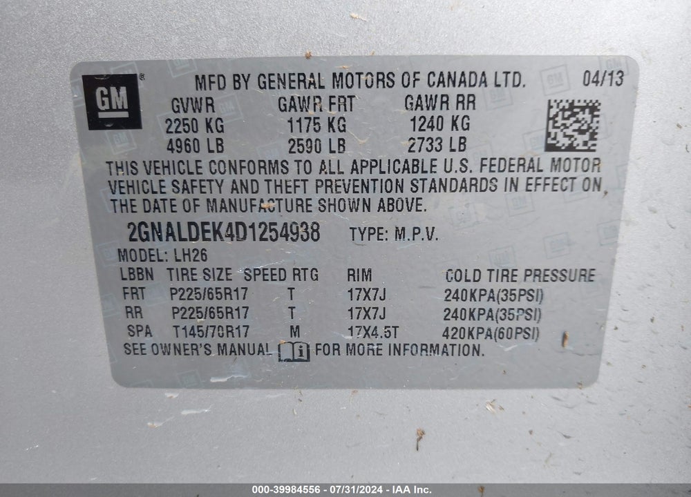 2013 CHEVROLET EQUINOX 1LT VIN: 2GNALDEK4D1254938