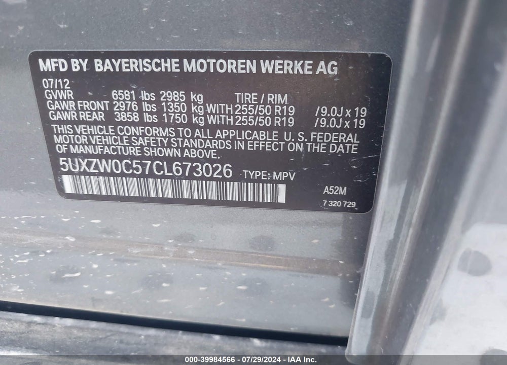 2012 BMW X5 XDRIVE35D VIN: 5UXZW0C57CL673026