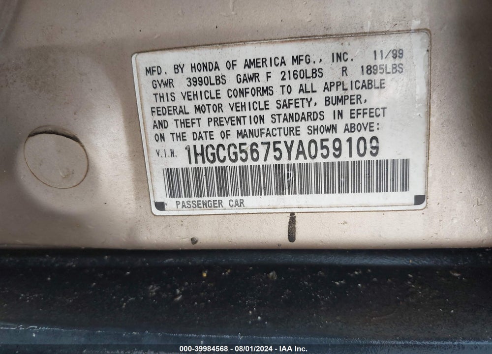 2000 HONDA ACCORD 2.3 SE VIN: 1HGCG5675YA059109