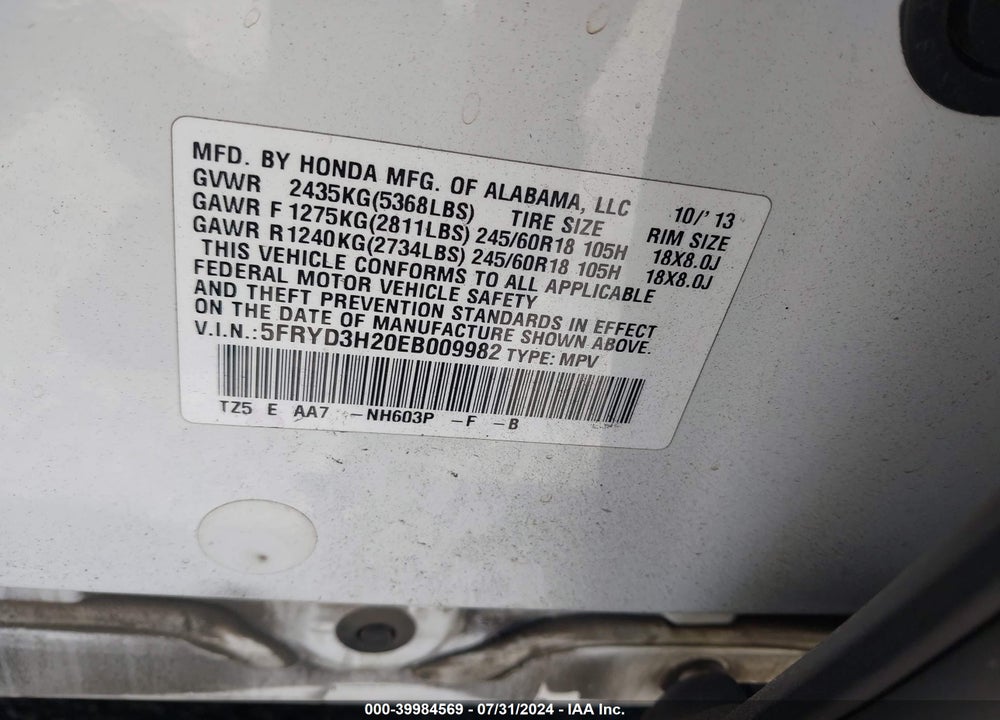 2014 ACURA MDX VIN: 5FRYD3H20EB009982
