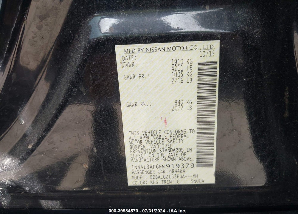 2015 NISSAN ALTIMA 2.5 S VIN: 1N4AL3AP6FN919379