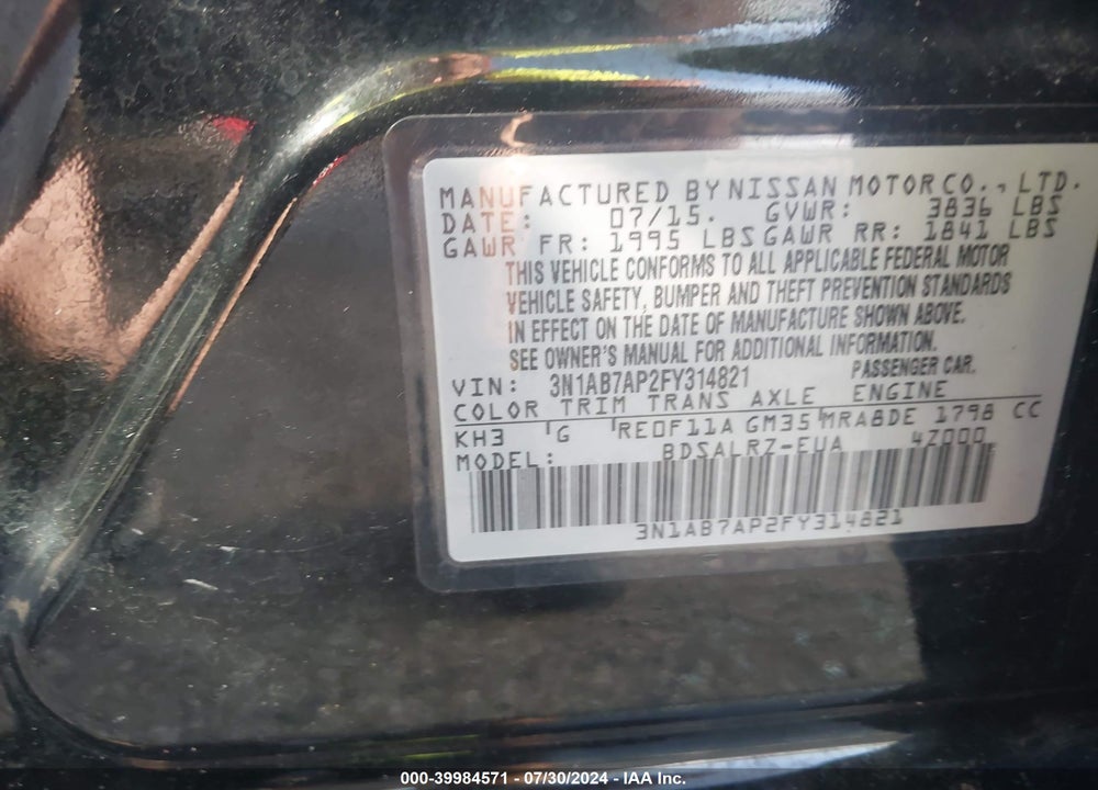 2015 NISSAN SENTRA SR VIN: 3N1AB7AP2FY314821
