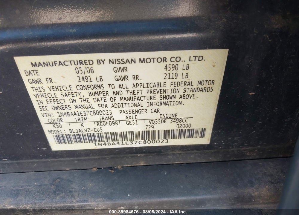 2007 NISSAN MAXIMA 3.5 SE VIN: 1N4BA41E37C800023