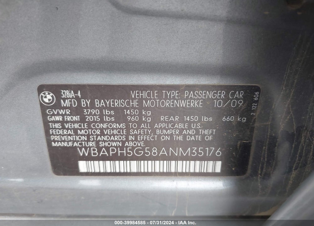 2010 BMW 328I VIN: WBAPH5G58ANM35176