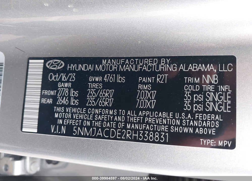 2024 HYUNDAI TUCSON SE VIN: 5NMJACDE2RH338831