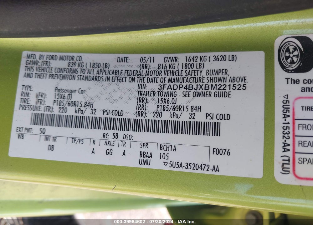 2011 FORD FIESTA SE VIN: 3FADP4BJXBM221525