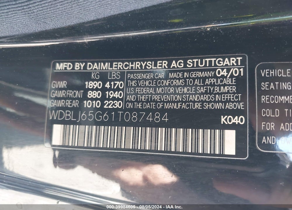 2001 MERCEDES-BENZ CLK 320 VIN: WDBLJ65G61T087484