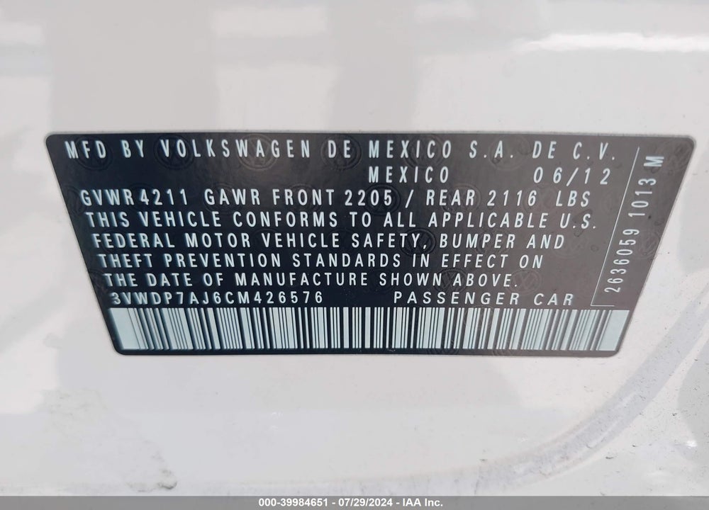 2012 VOLKSWAGEN JETTA VIN: 3VWDP7AJ6CM426576