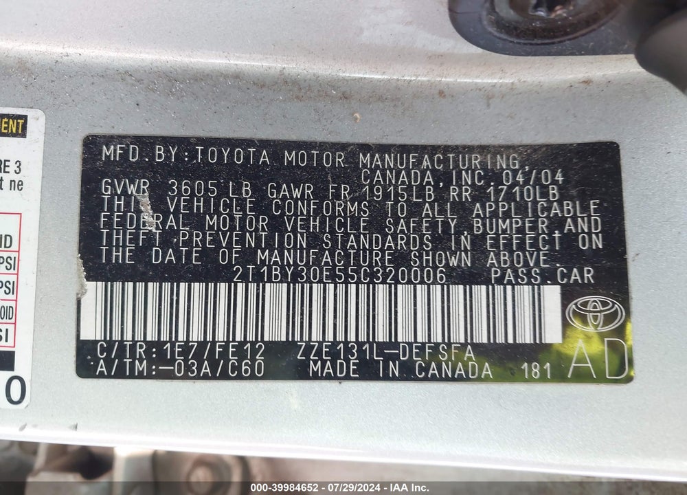 2005 TOYOTA COROLLA XRS VIN: 2T1BY30E55C320006
