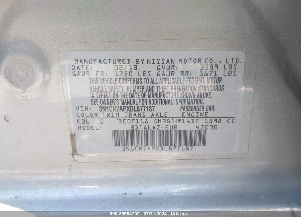2013 NISSAN VERSA 1.6 S+ VIN: 3N1CN7APXDL877187