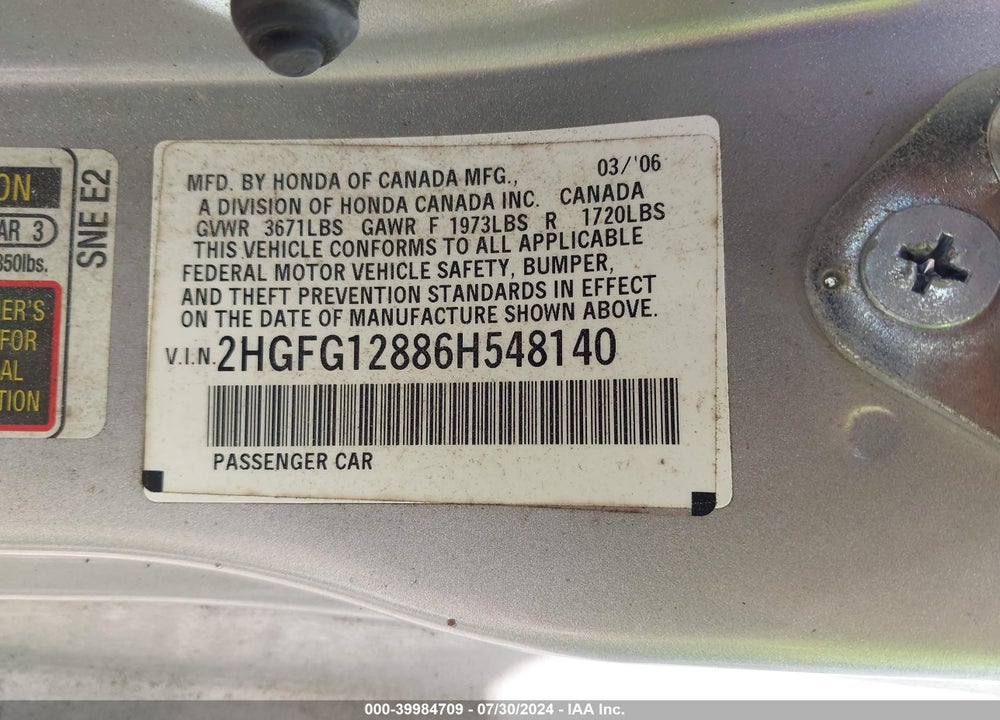 2006 HONDA CIVIC EX VIN: 2HGFG12886H548140