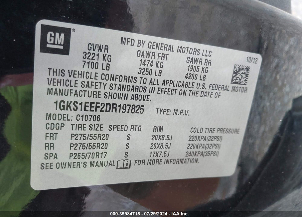 2013 GMC YUKON DENALI VIN: 1GKS1EEF2DR197825