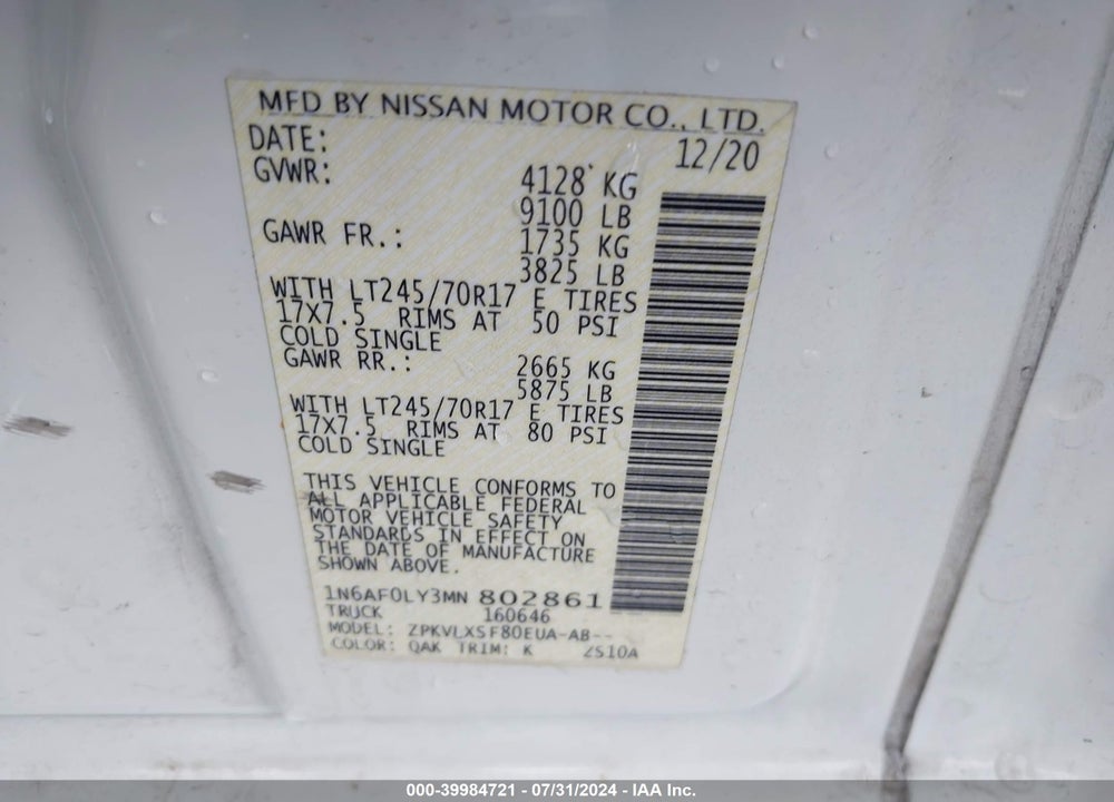 2021 NISSAN NV CARGO NV2500 HD VIN: 1N6AF0LY3MN802861